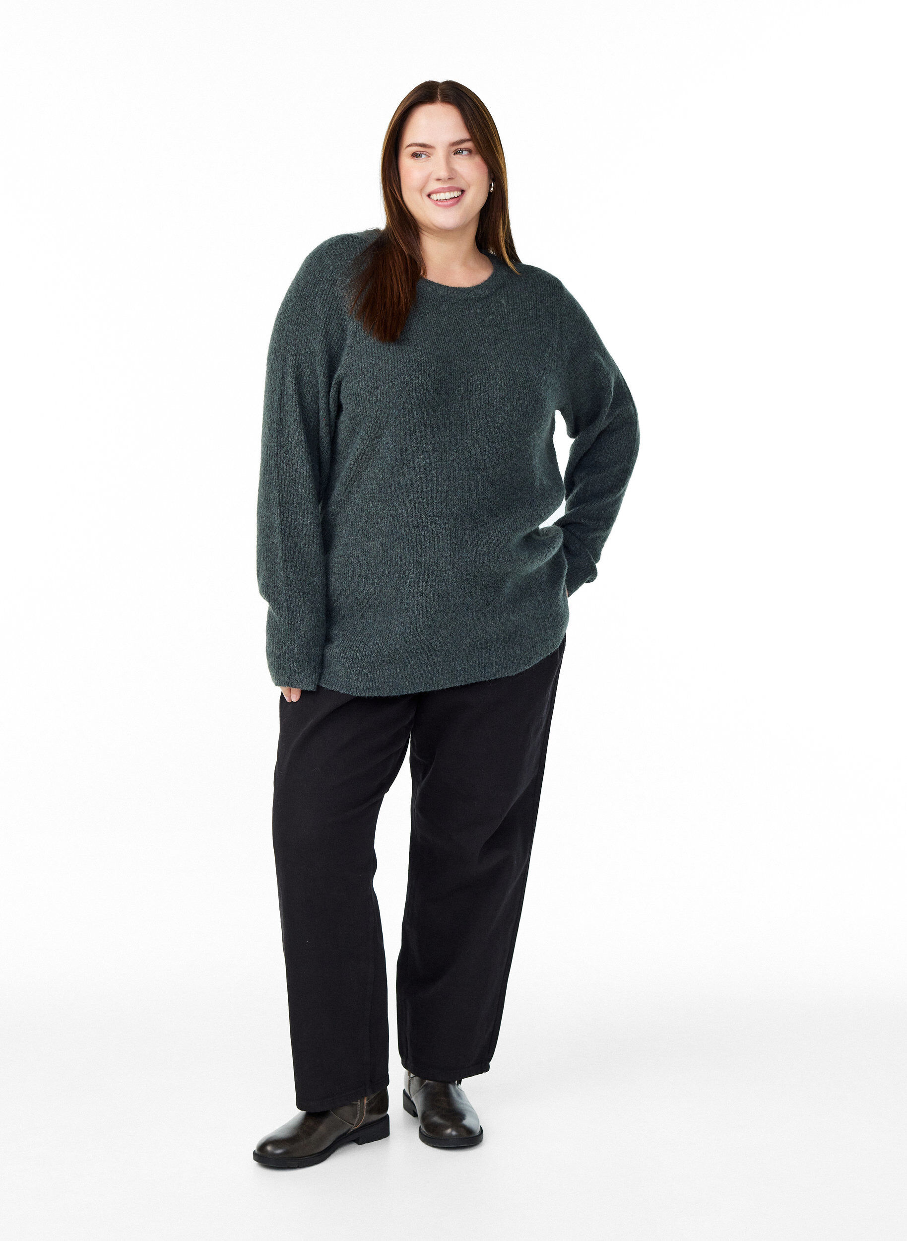 Zizzifashion Melange knit blouse with round neck, Green, Model image number 1