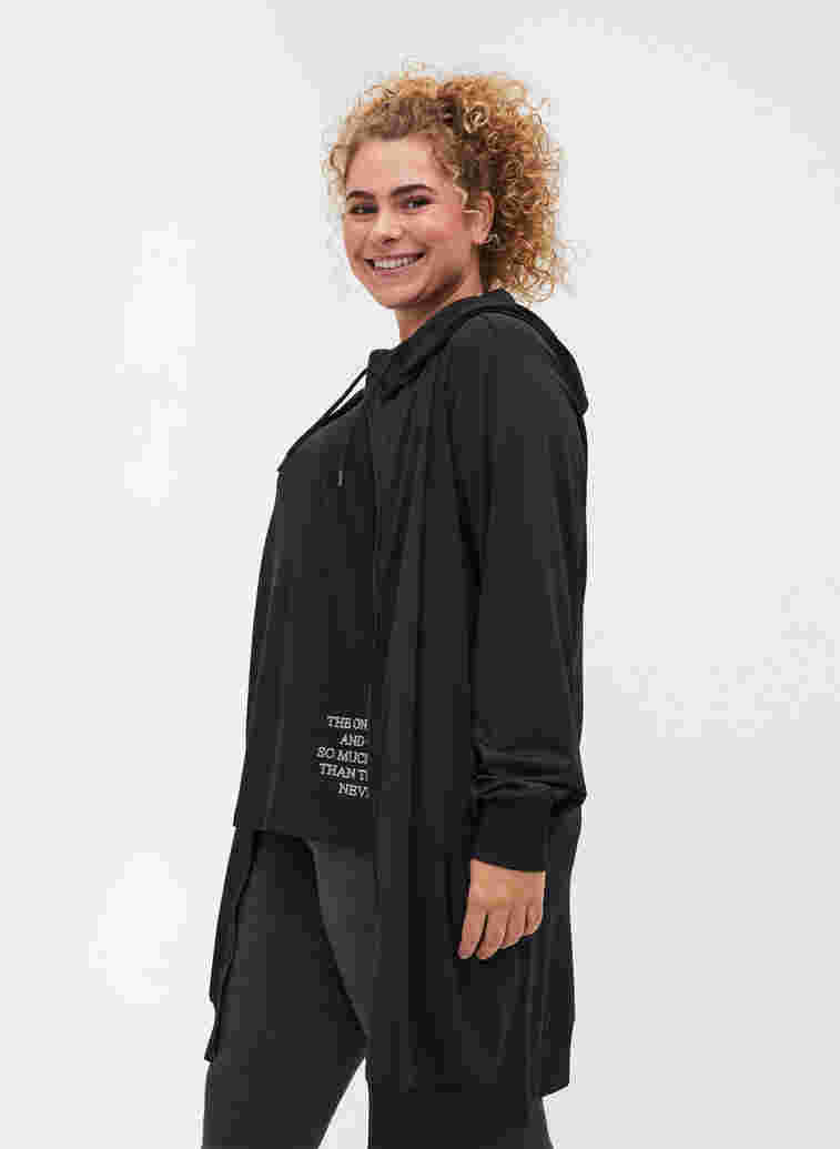 Long hooded sports cardigan with pockets, Black, Model image number 2