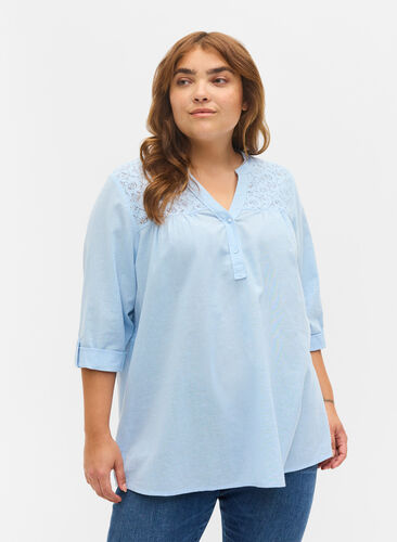 Cotton blouse with lace details, Chambray Blue, Model image number 0