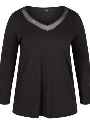 Long-sleeved cotton blouse with mesh, Black, Packshot image number 0
