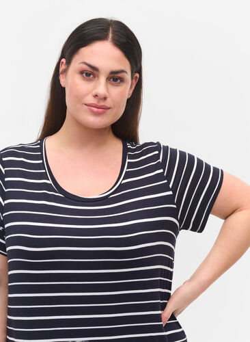 Striped short-sleeved midi dress, Night Sky Stripe, Model image number 1