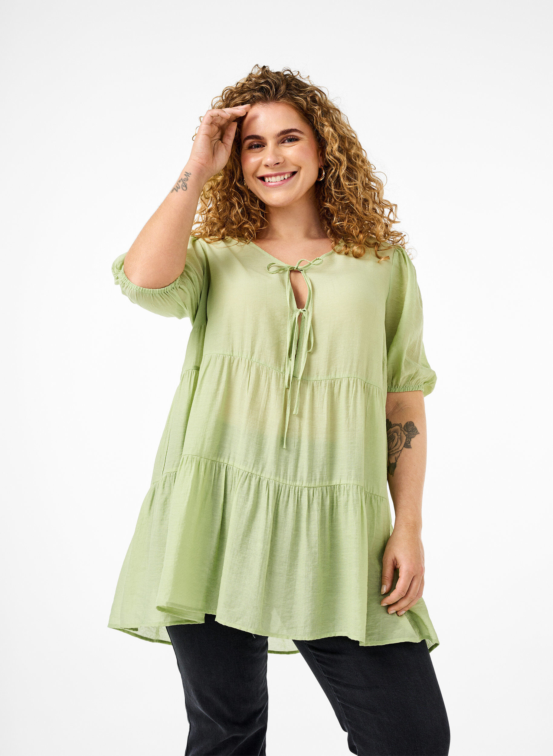 Zizzifashion A-line viscose tunic with lace-up detail, Green, Model image number 0