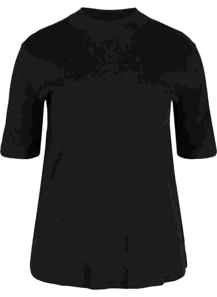 High-neck cotton blouse with half sleeves, Black, Packshot image number 0