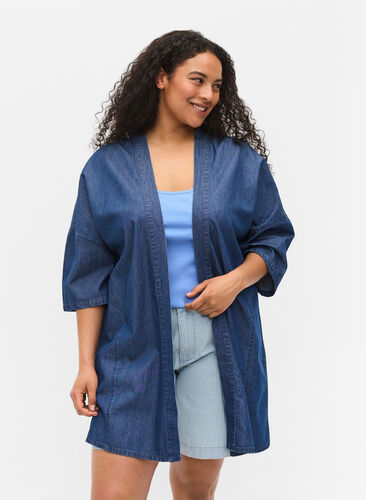 Denim kimono with 3/4-length sleeves, Medium Blue Denim, Model image number 0