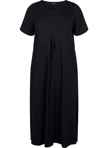 Midi dress in cotton with short sleeves, Black Solid, Packshot image number 0