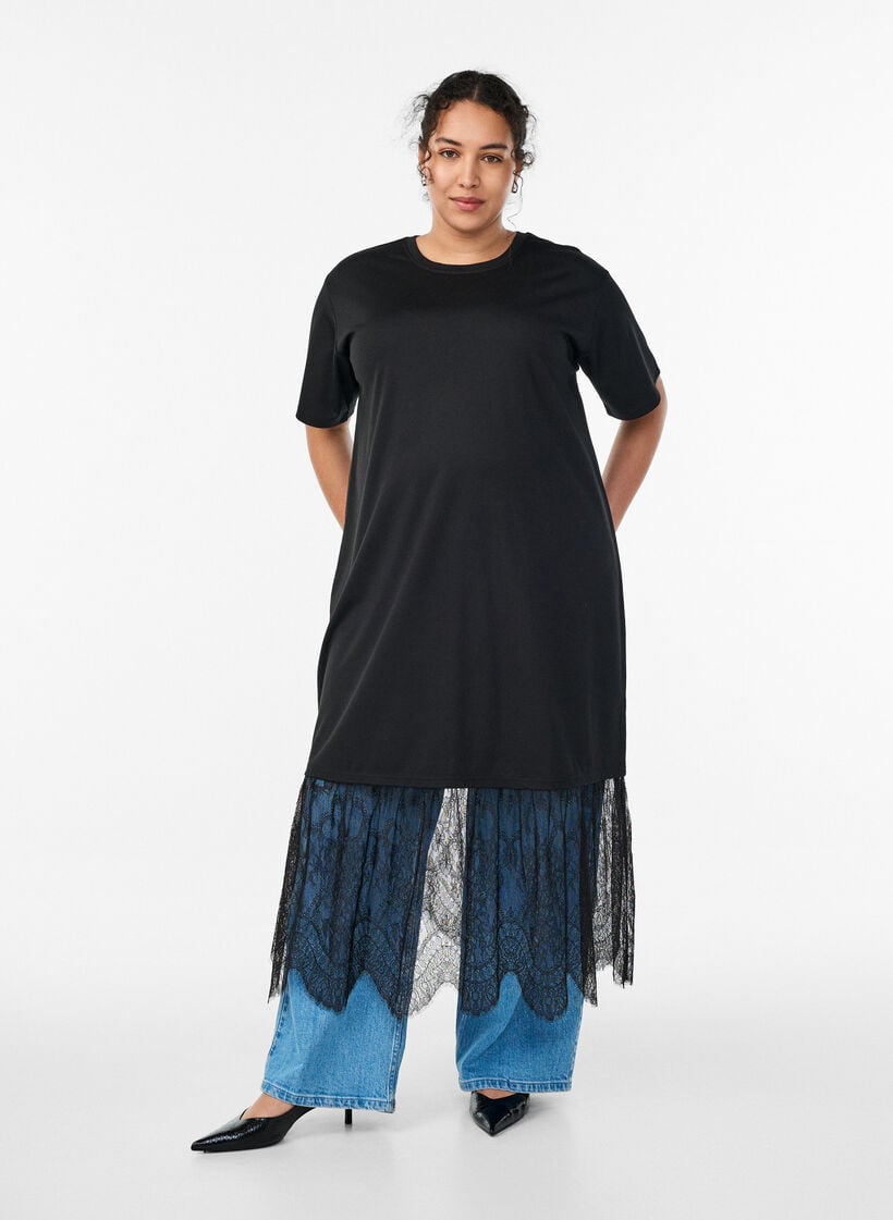 Jersey T-shirt dress with a lace layer, Black, Model image number 0