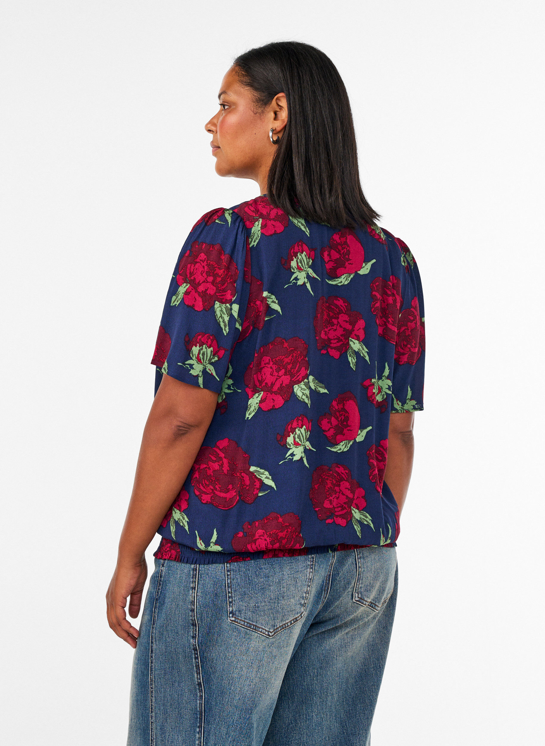 ZizzifashionViscose blouse with floral print and balloon shape, Blue, Model image number 2