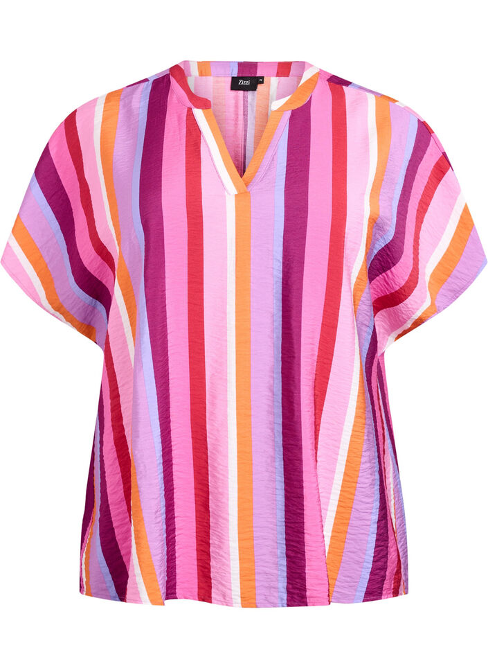 Striped viscose blouse with short sleeves, Pink, Packshot image number 0