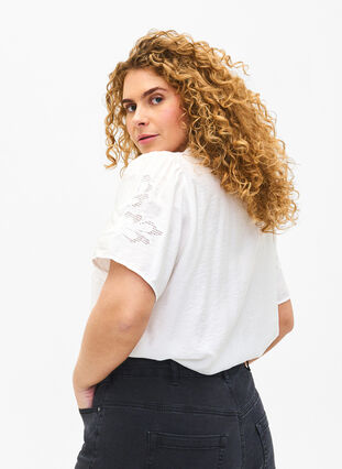 Short sleeve viscose blouse with embroidery, Bright White, Model image number 1