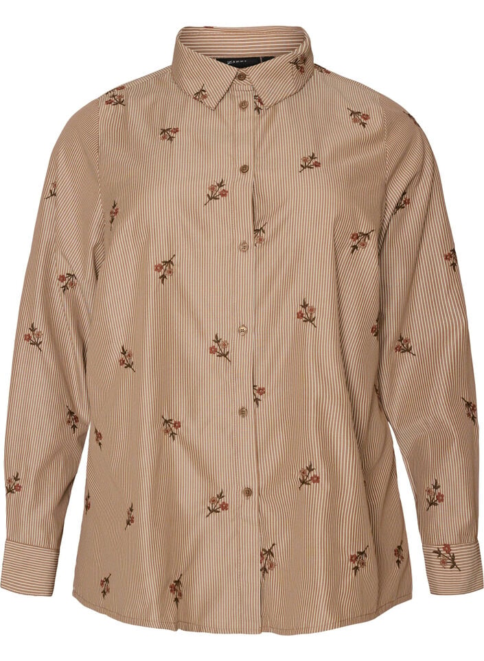 Striped shirt with embroidered flowers, Brown, Packshot image number 0