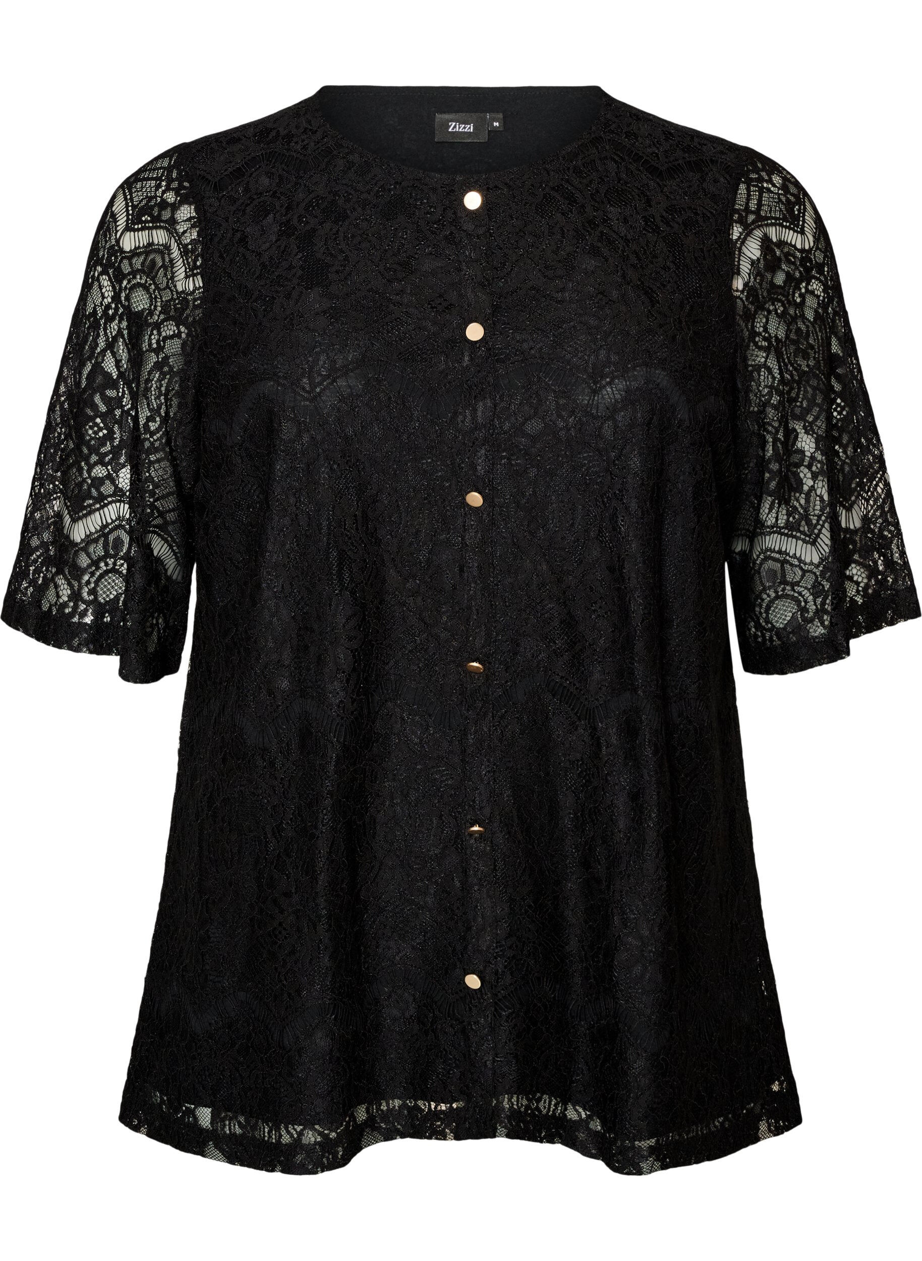 ZizzifashionLace blouse with decorative buttons, Black, Packshot image number 0
