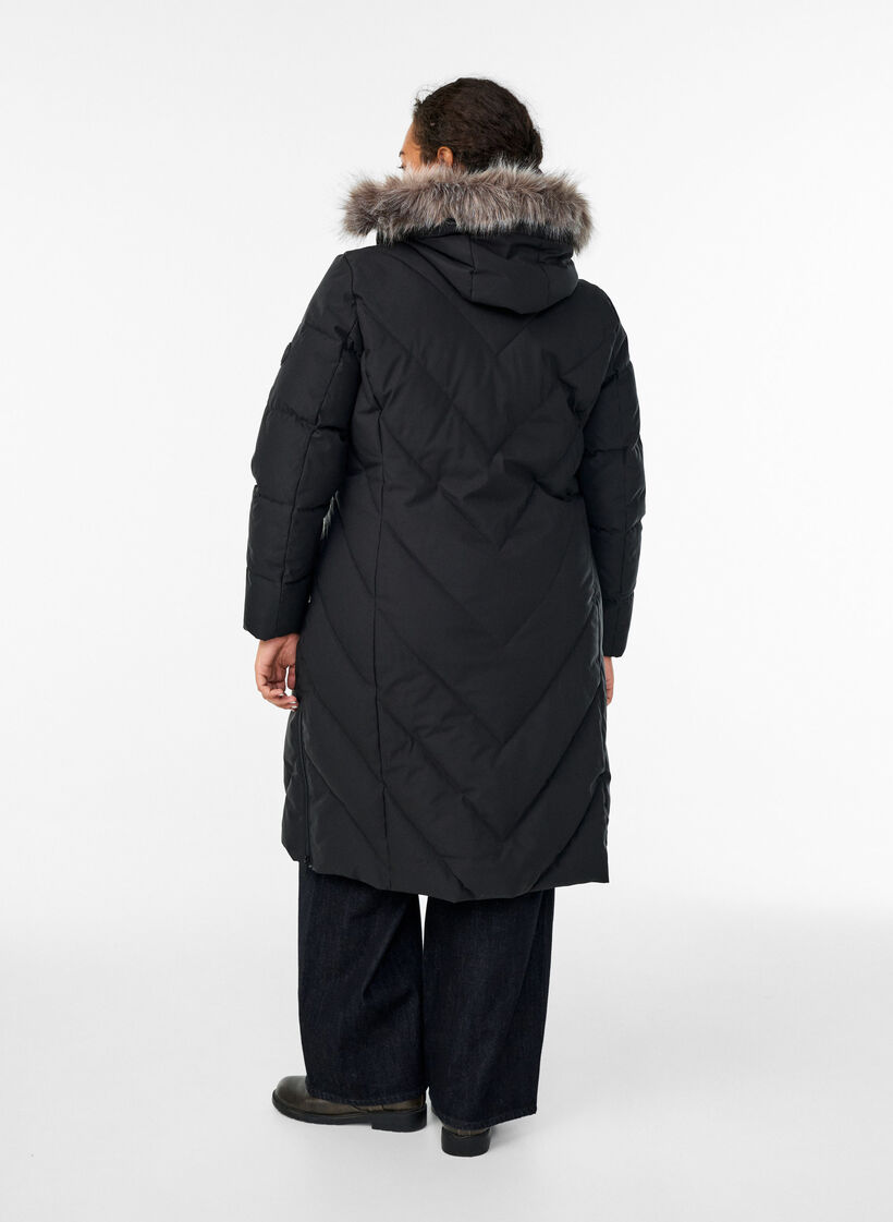 Long winter coat with hook fastenings and a faux fur collar, Black, Model image number 2