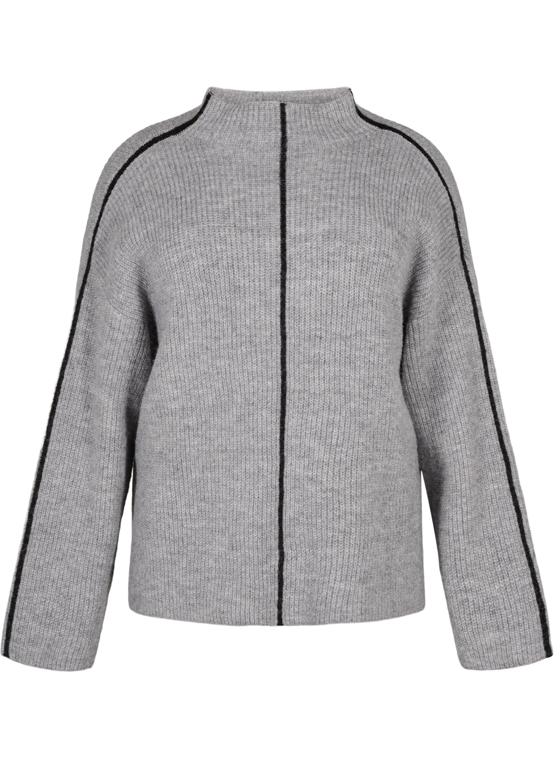 Zizzifashion Knitted blouse with wool and contrast stripes, Medium Grey Melange, Packshot image number 0