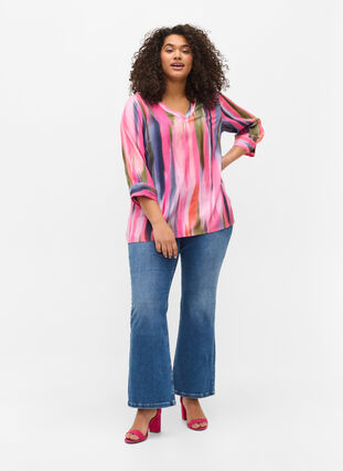 Printed viscose blouse with 3/4 sleeves, Pink AOP, Model image number 2