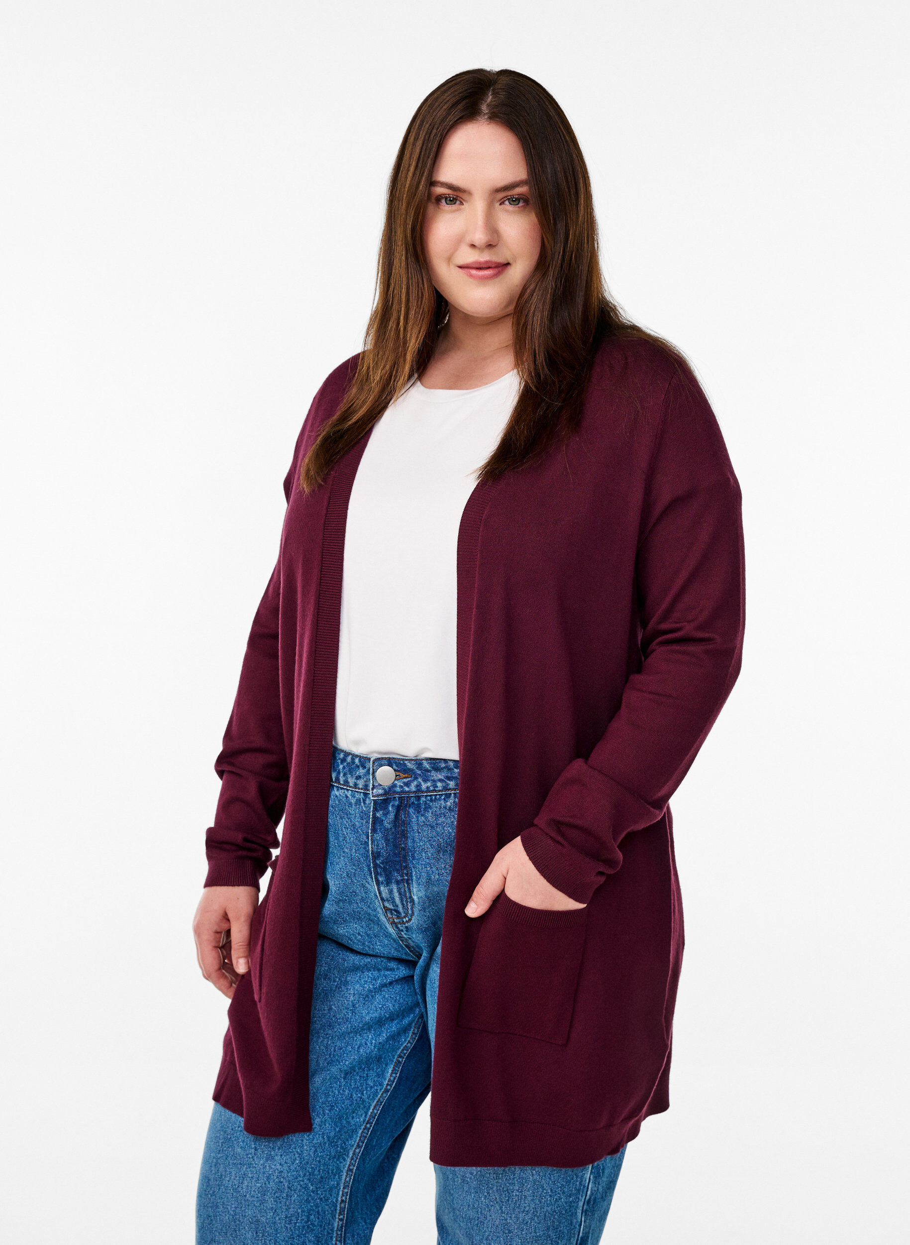 Long knitted cardigan in a viscose blend, Red, Model