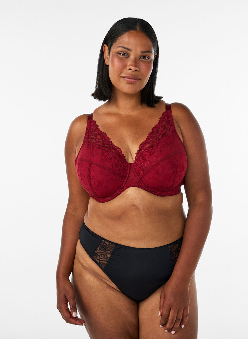 Padded lace bra with underwire, Red, Model image number 1
