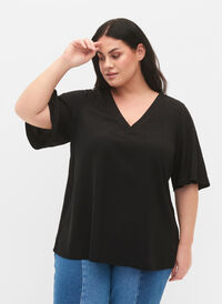 Short-sleeved blouse with an A-shape, Black, Model
