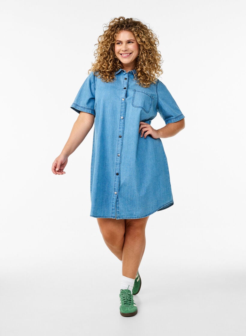 Denim shirt dress with short sleeves, Light Blue, Model image number 1
