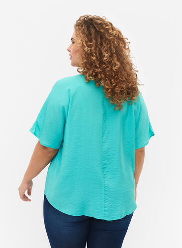 Short-sleeved viscose blouse with v-neck, Turquoise, Model image number 1
