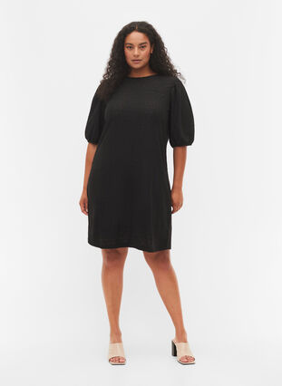 Dress with textured pattern and balloon sleeves, Black, Model image number 2