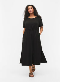 Midi dress in cotton with short sleeves, Black Solid, Model