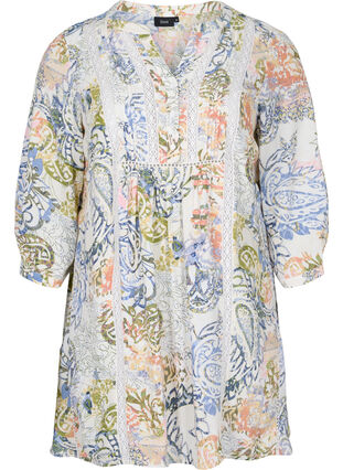 	 Printed viscose tunic with 3/4 sleeves, White Paisley AOP, Packshot image number 0