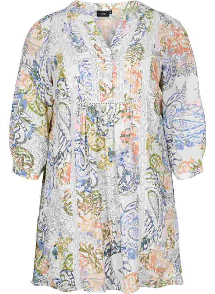 	 Printed viscose tunic with 3/4 sleeves, White Paisley AOP, Packshot image number 0