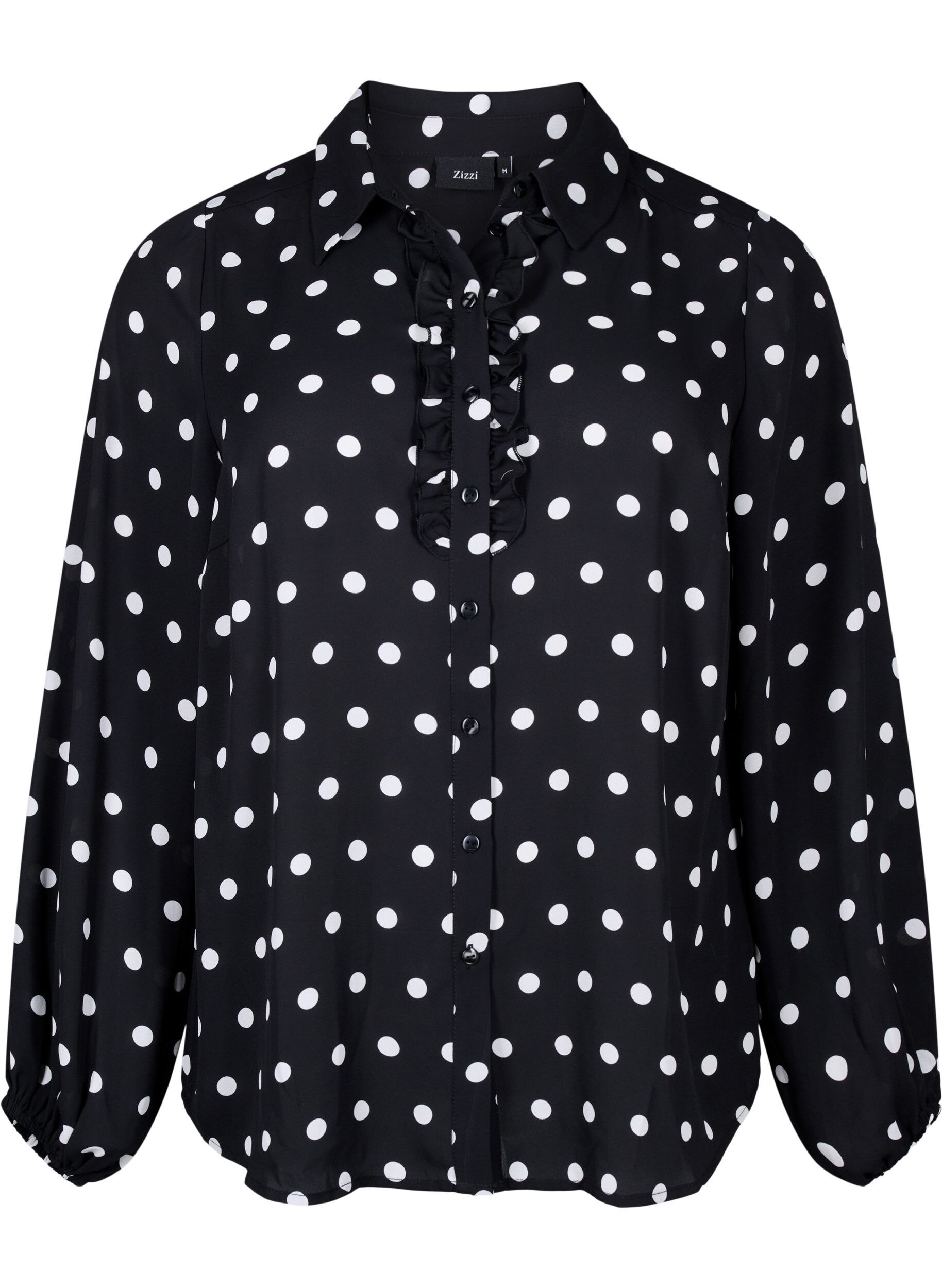 Zizzifashion Dotted shirt with ruffles, Black W. White Dot, Packshot image number 0