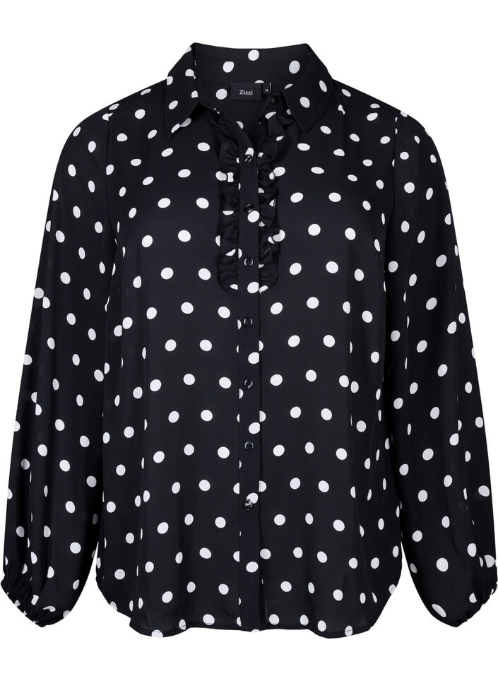 Dotted shirt with ruffles, Black W. White Dot, Packshot image number 0