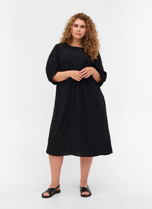 Viscose dress with embroidery and short sleeves, Black, Model image number 2