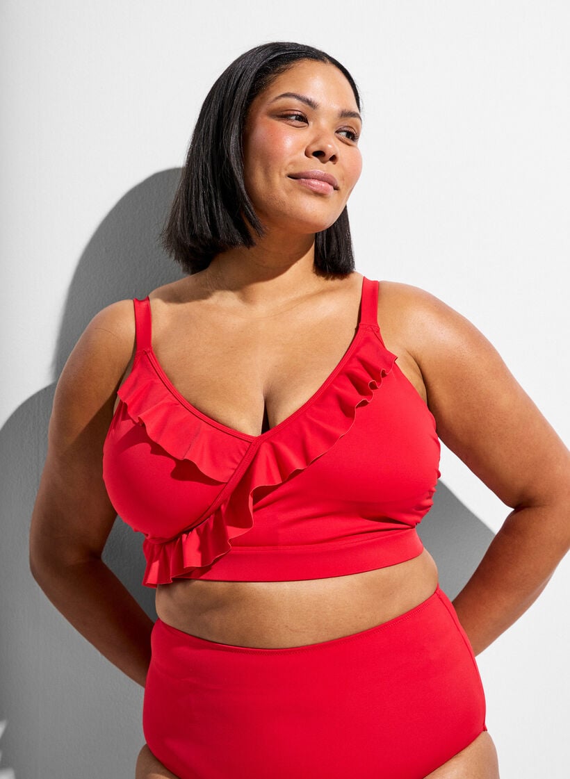 Bikini top with ruffles and removable pads, Red, Model image number 0