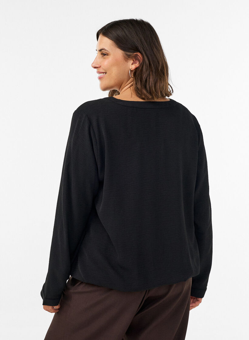 Balloon silhouette blouse with V-neck, Black, Model image number 2