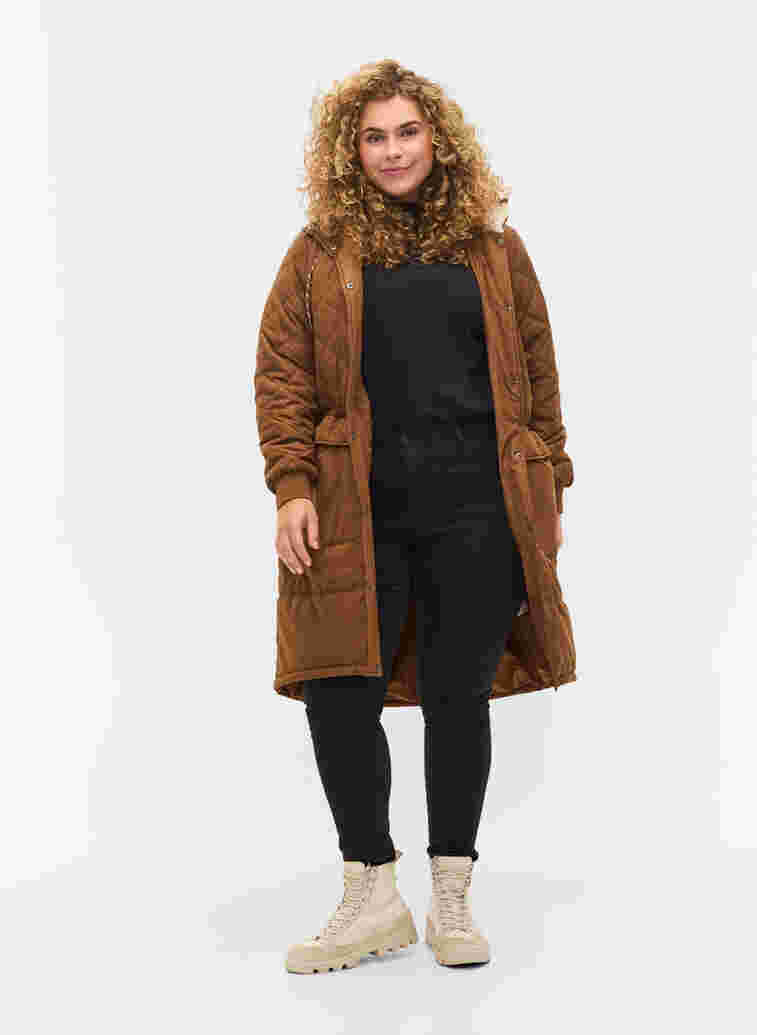 Quilted jacket with hood and adjustable waist, Toffee, Model image number 3