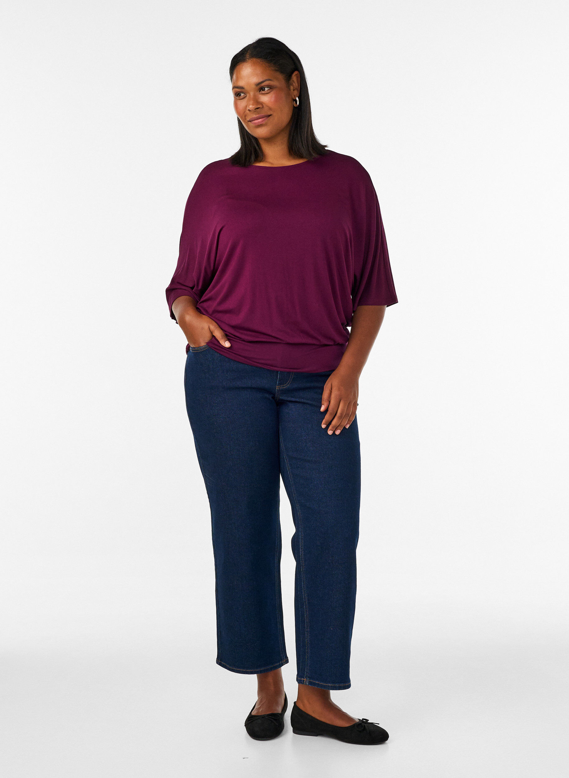 ZizzifashionJersey blouse with elbow-length balloon sleeves, Purple, Model image number 1