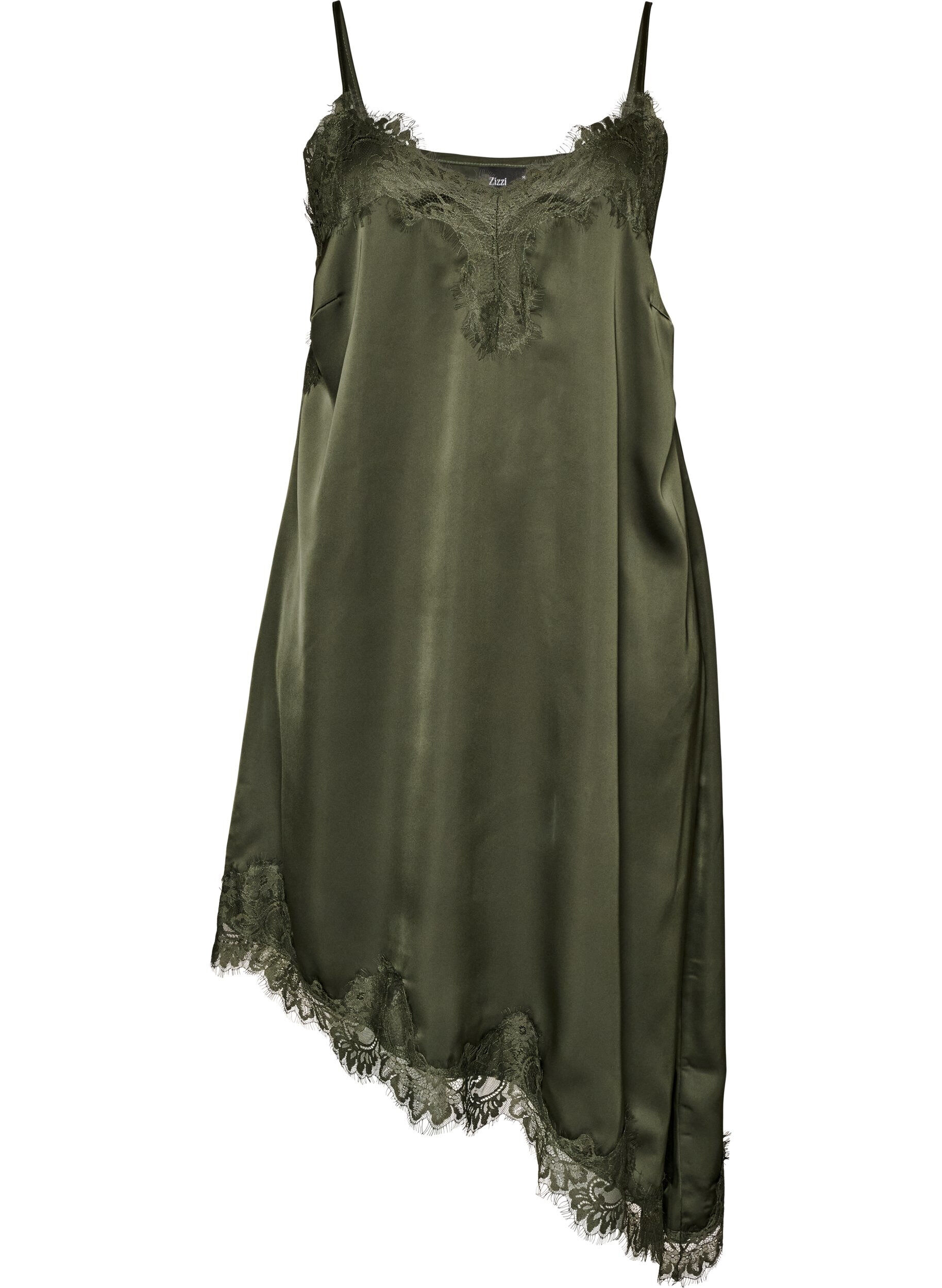 Satin dress with lace and an asymmetrical hem