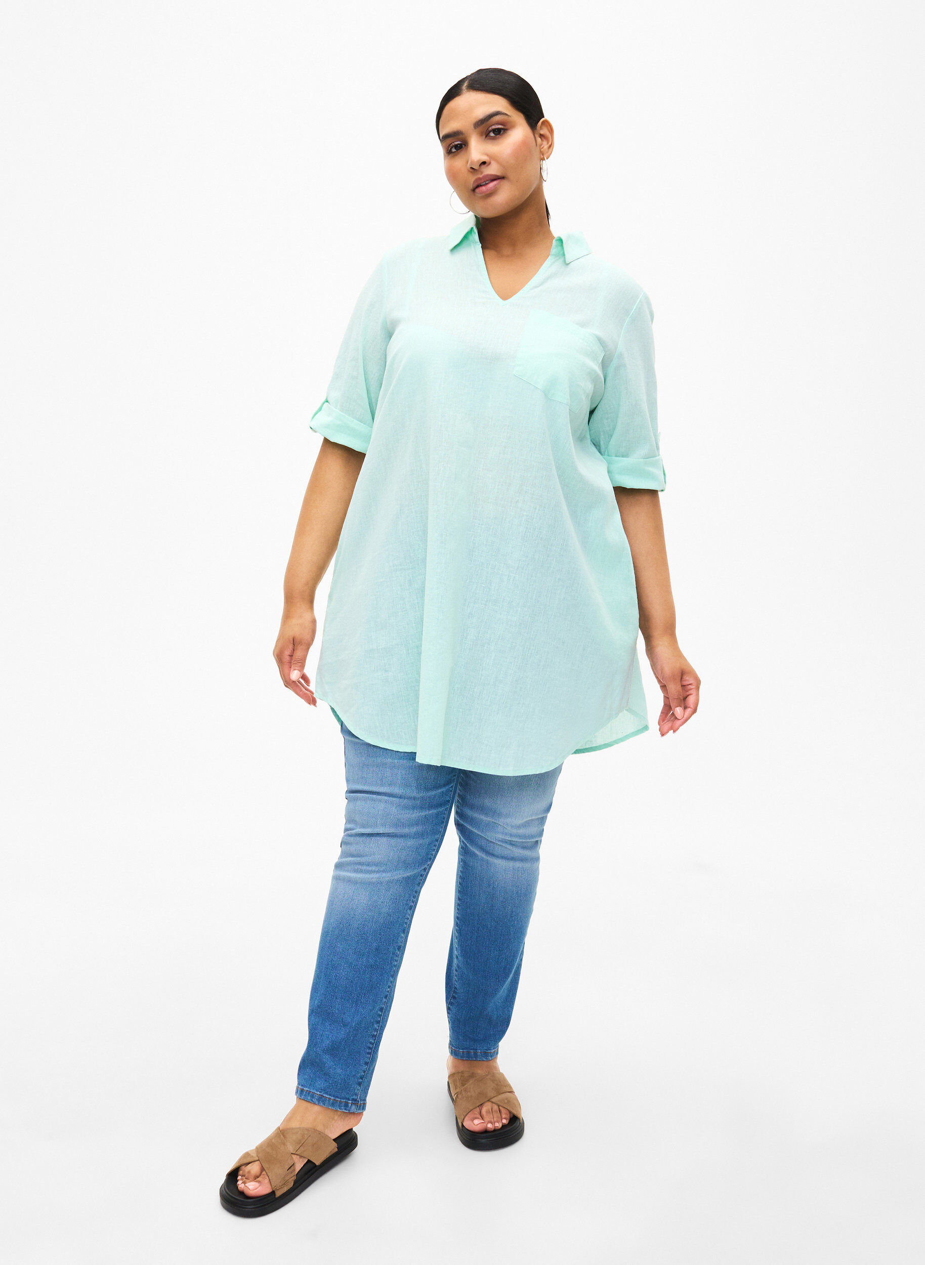 Zizzifashion Short-sleeved cotton blend tunic with linen, Brook Green, Model image number 2
