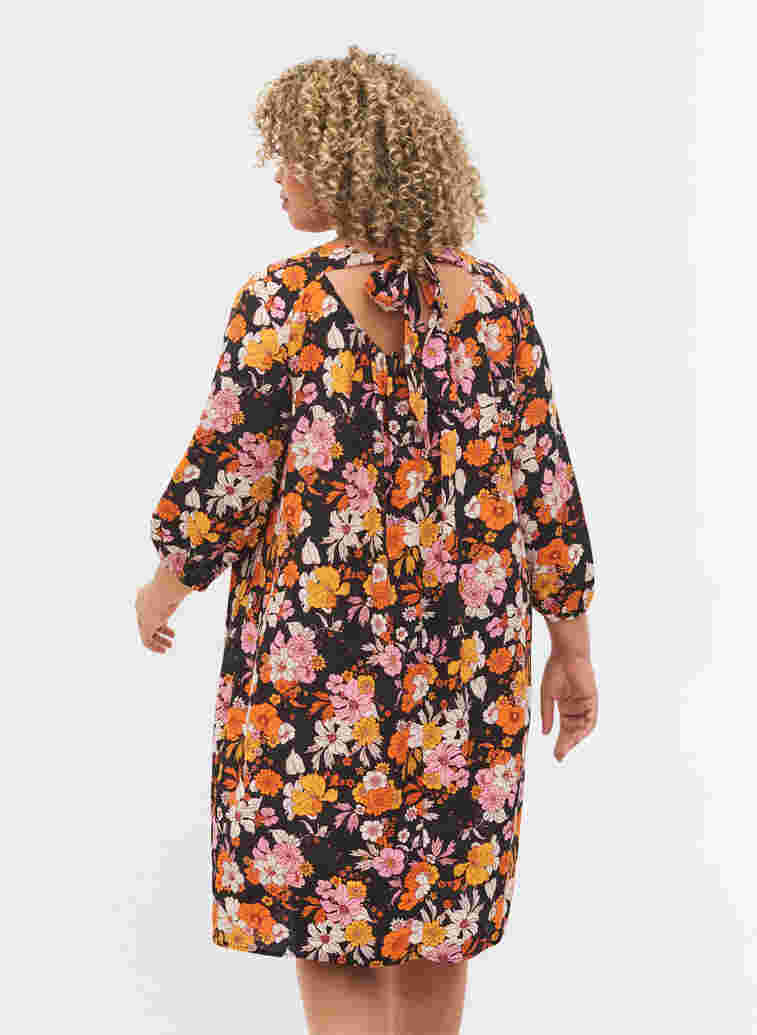 Floral viscose dress with 3/4 sleeves, Black Flower AOP, Model image number 1