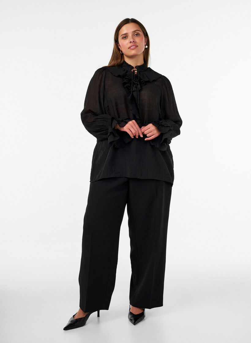 Viscose blouse with ruffles and long sleeves, Black, Model image number 1