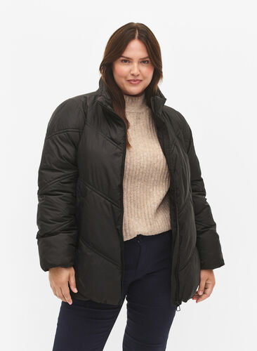 Short puffer Winter jacket with pockets, Black, Model image number 0