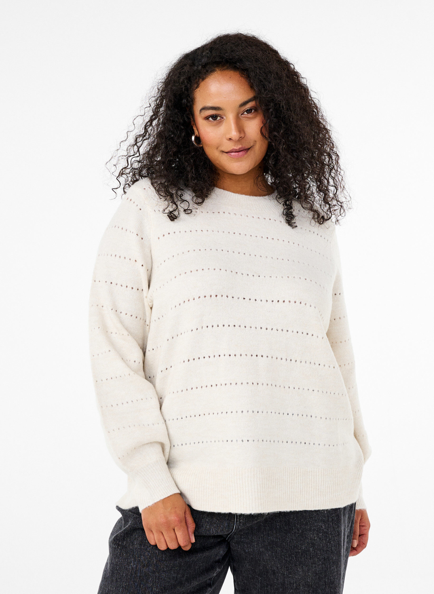Zizzifashion Knitted blouse with round neck and lace pattern, Birch Mel., Model image number 0