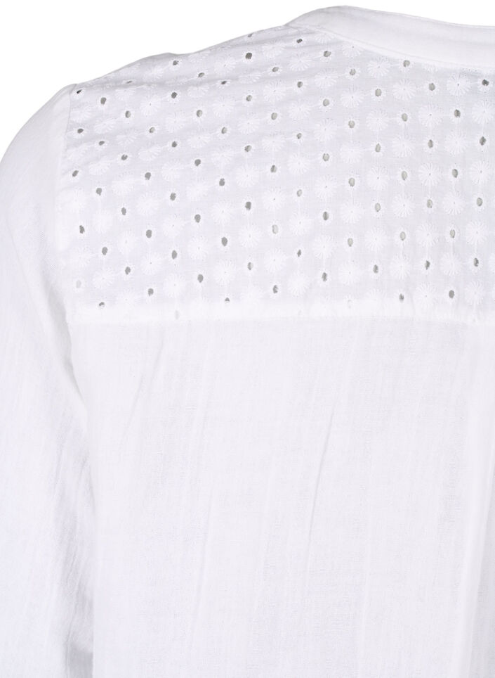 Cotton blouse with broderie anglaise and 3/4 sleeves, Bright White, Packshot image number 3