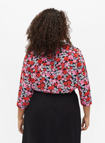 Floral blouse with 3/4 sleeves, Red Flower AOP, Model image number 1