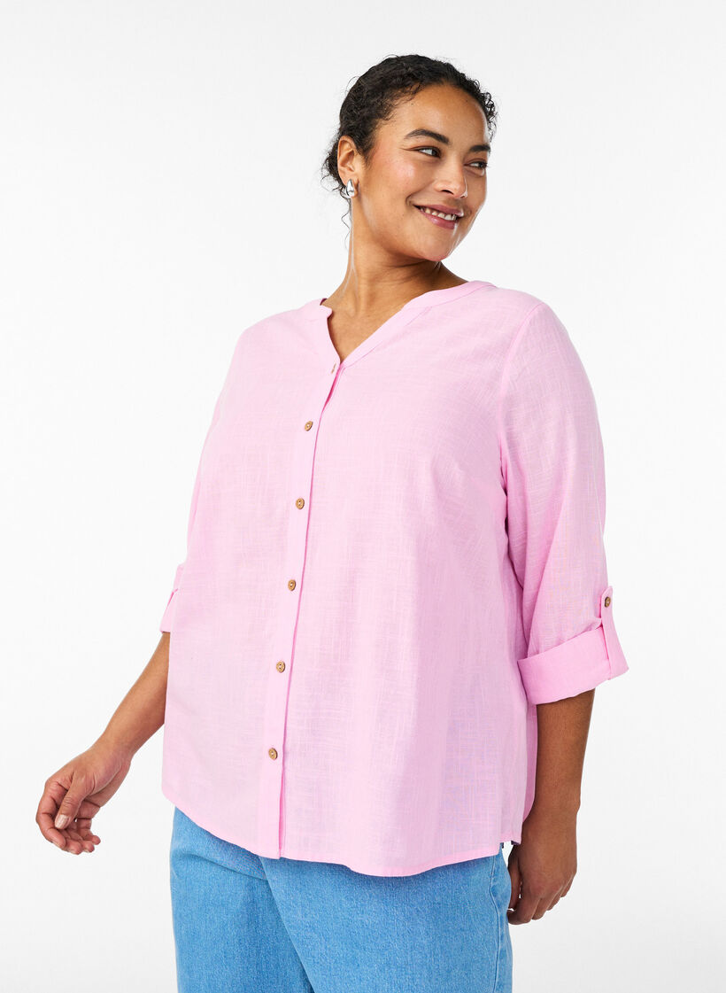 Cotton shirt blouse with V-neck, Pink, Model image number 0