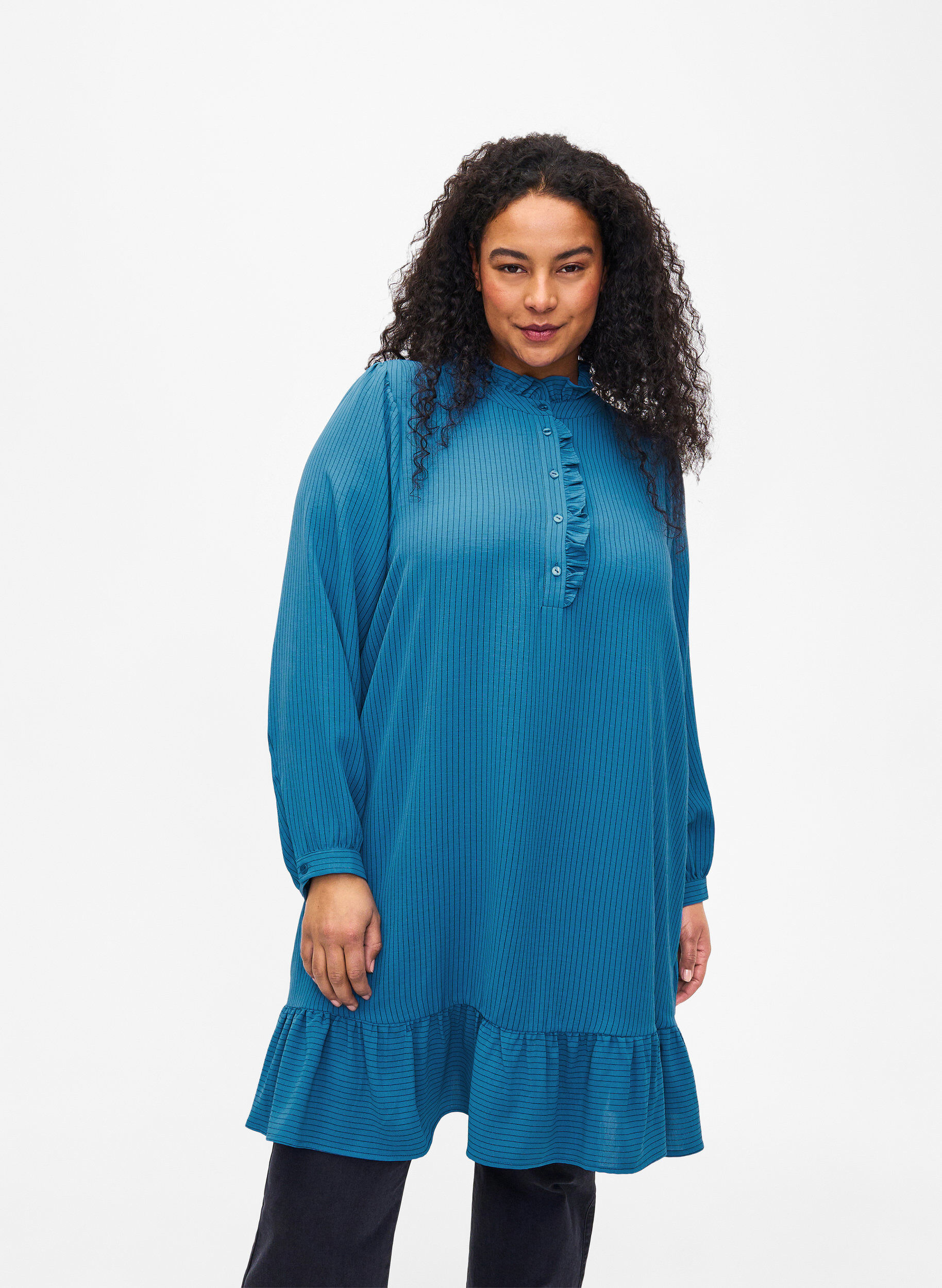 Striped dress with ruffle details, Blue, Model