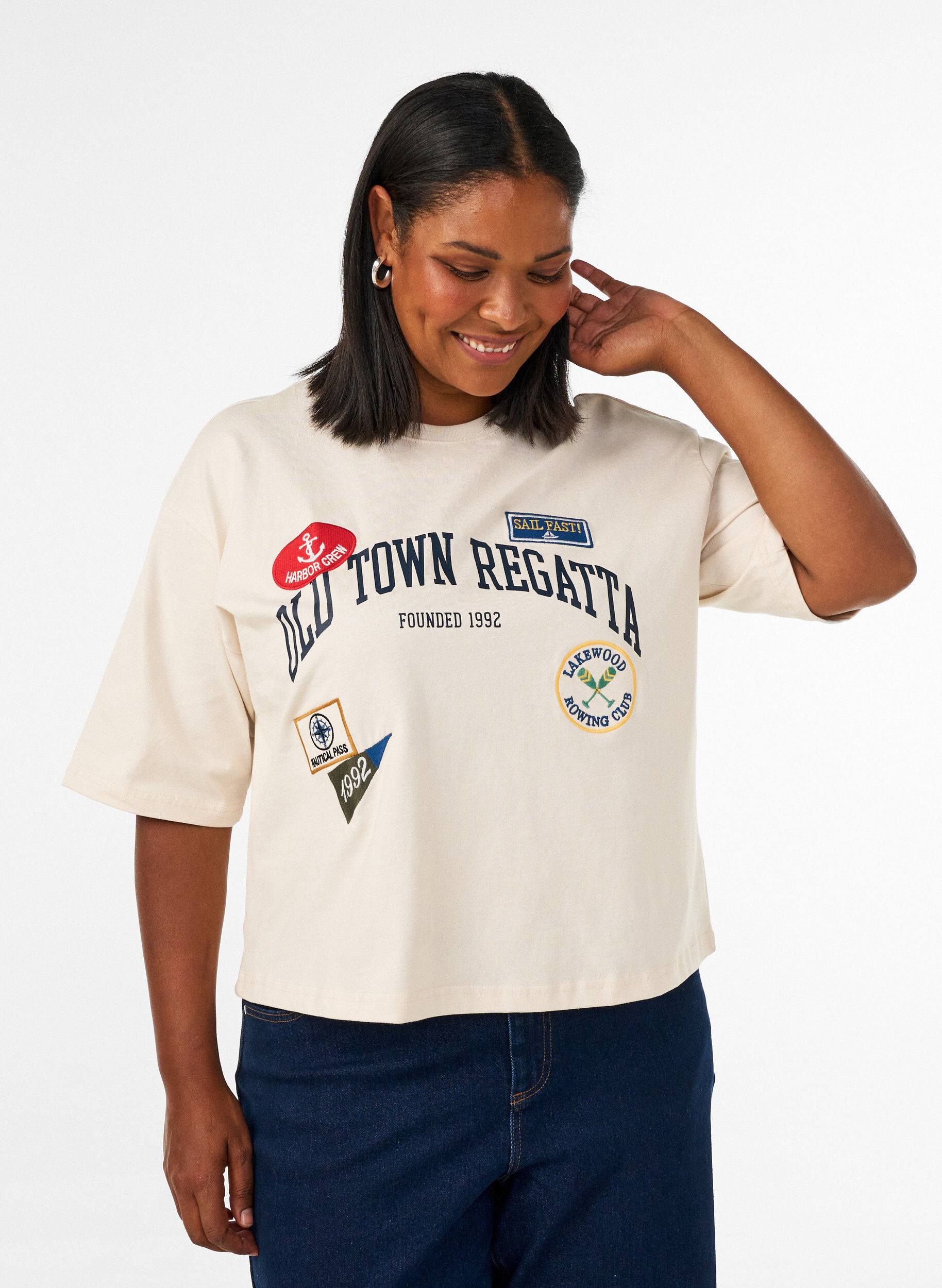 ZizzifashionT-shirt with text print and badges, Beige, Model image number 0