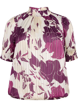 Short-sleeved smock blouse with print, D.Purple Graphic AOP, Packshot image number 0