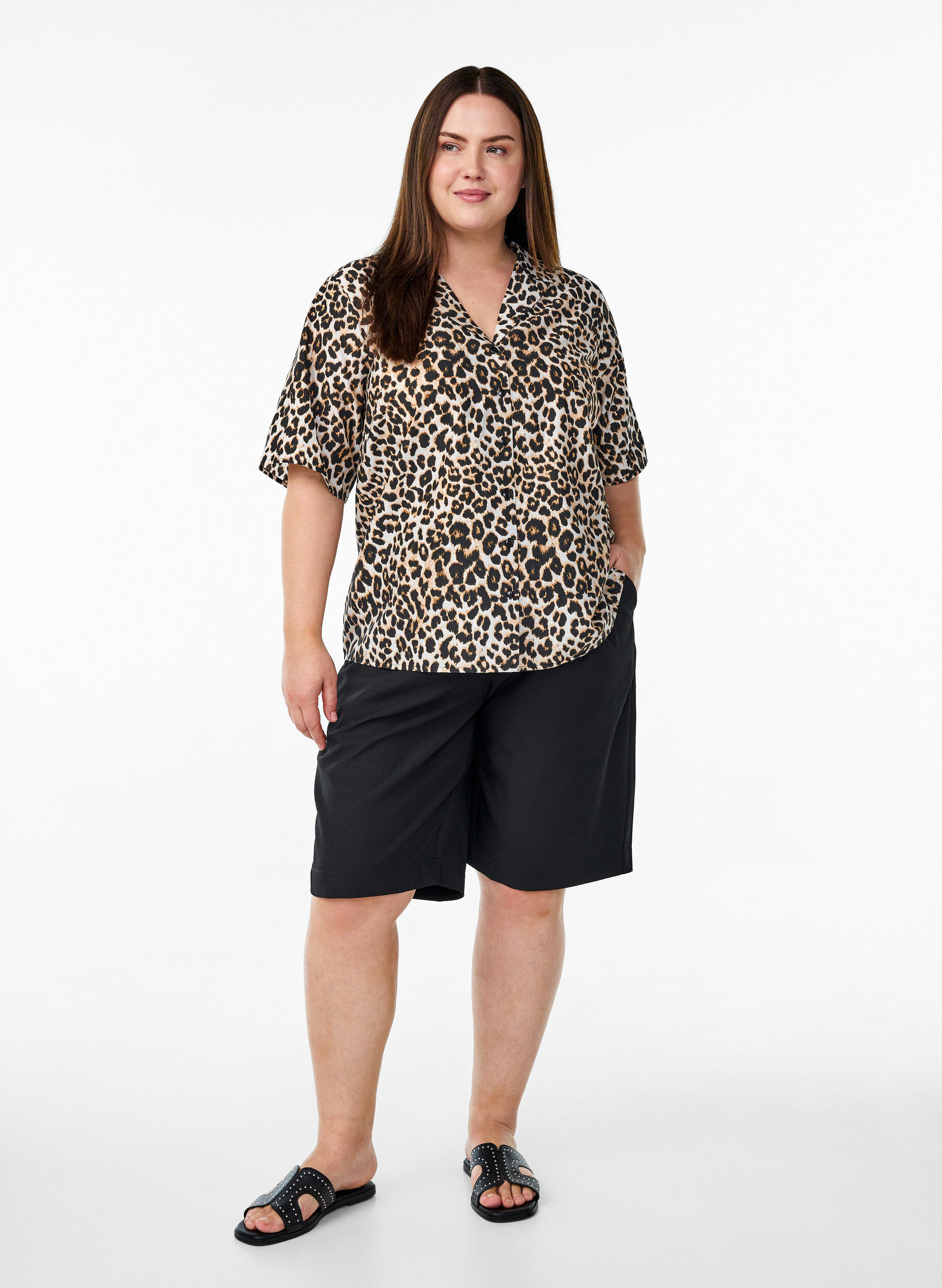 Zizzifashion Shirt blouse with print and V-neck, Brown, Model image number 1