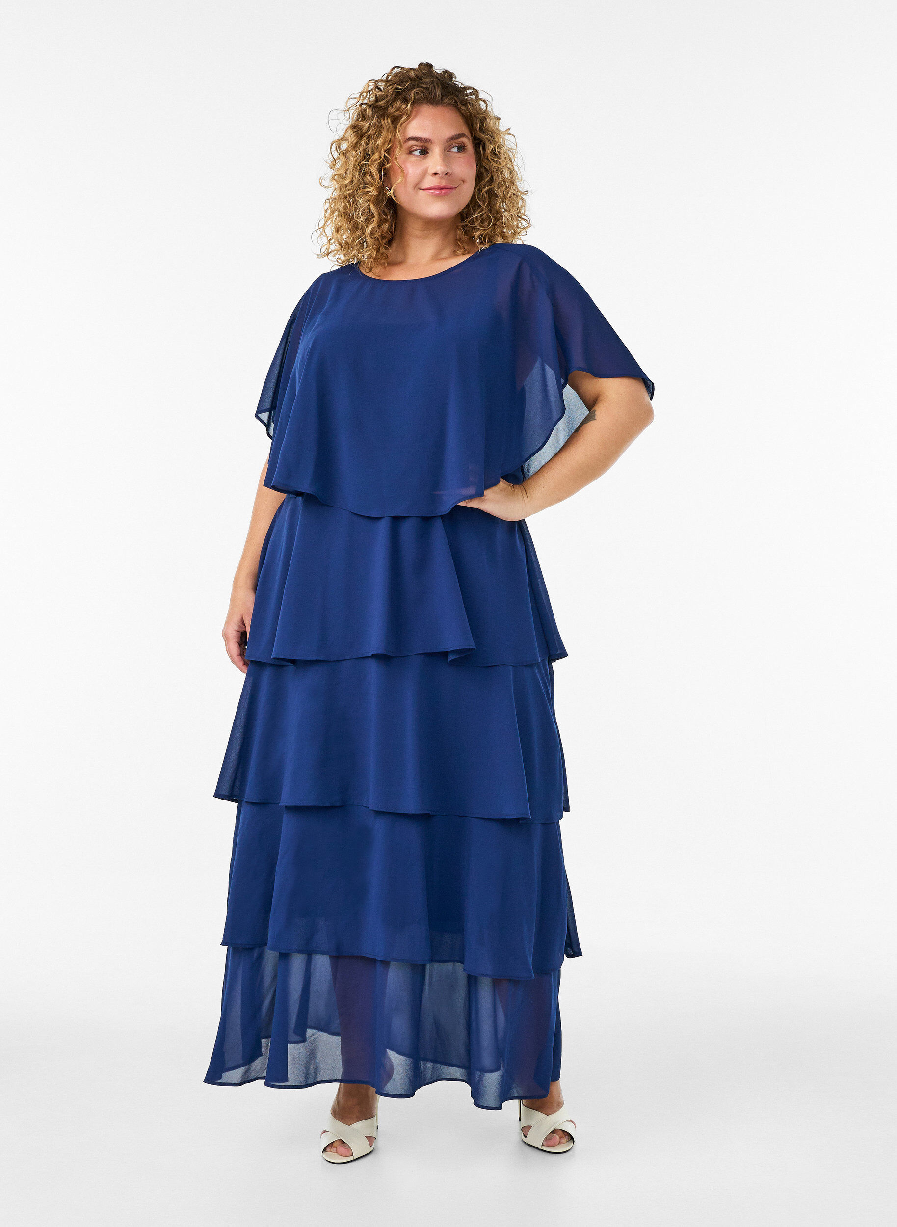 ZizzifashionMaxi dress with ruffle layers and detachable cape, Blue, Model image number 2