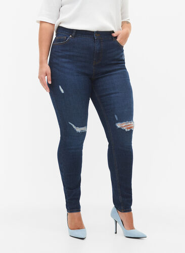 Super slim Amy jeans with destroy and high waist, Dark blue, Model image number 2