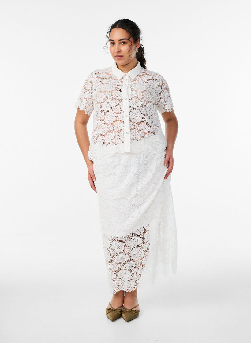 Lace shirt blouse with pearl buttons, White, Model image number 1